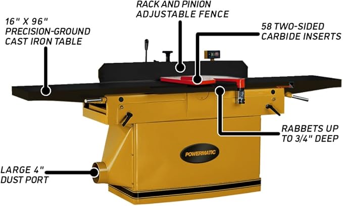 Powermatic 16-Inch Parallelogram Jointer with ArmorGlide, Helical Cutterhead, 7-1/2 HP, 3Ph 230/460V (Model PJ1696T)