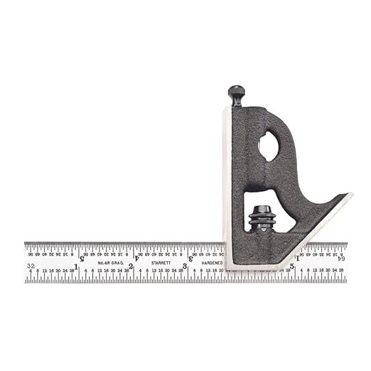 Starrett Steel Combination Square with Square Head - 6" Blade Length, Cast Iron Heads, Hardened Steel, Reversible Lock Bolt, Scriber, Spirit Level, 4R Graduation Type - 11H-6-4R