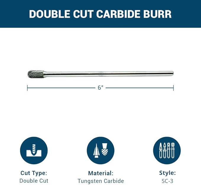 Benchmark Abrasives 6” Cylindrical Ball Nose Shape Double Cut Tungsten Carbide Die Grinder Bits Metal Deburring Tool Rotary Burr, 1/4 Inch Shaft, Engraving Tool for Woodworking Shaping Carving (SC-3)