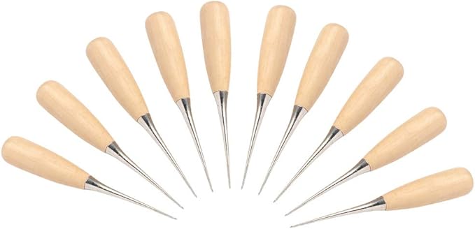 WUTA 10 Packs Leather Craft Awl Tools Leather Hole Punch Tool Sewing Punching Hole Maker Stitching Over Stitch Wood Handle for DIY Handmade Christmas Gift