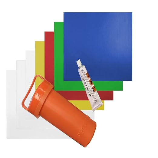 Vinyl Adhesive Party Tent Patch Repair Kit, 5" x 5" Pieces (3 White, 1 Blue, 1 Red, 1 Green, 1 Yellow) with 1 oz. Liquid Repair Glue and Portable Orange Carrying Case