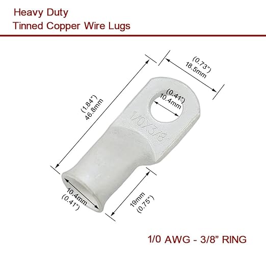 Heavy Duty Tinned Copper Wire Lugs with Studs (1/0 AWG, 3/8" & 5/16"), Heat Shrink Tubing, Battery Cable Ends, Bare Copper Eyelets