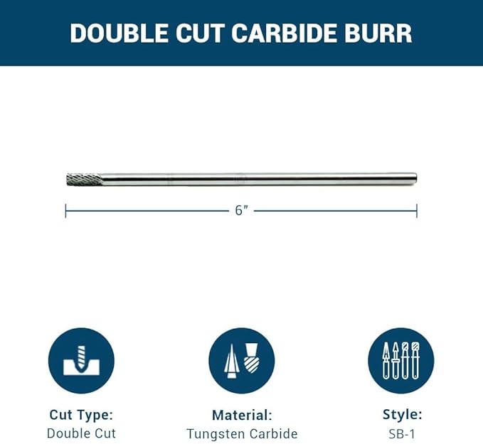 Benchmark Abrasives 6” Cylindrical Shape End Cut Double Cut Tungsten Carbide Die Grinder Bits Metal Deburring Tool Rotary Burr, 1/4 Inch Shaft, Engraving Tool for Woodworking Shaping Carving (SB-1)
