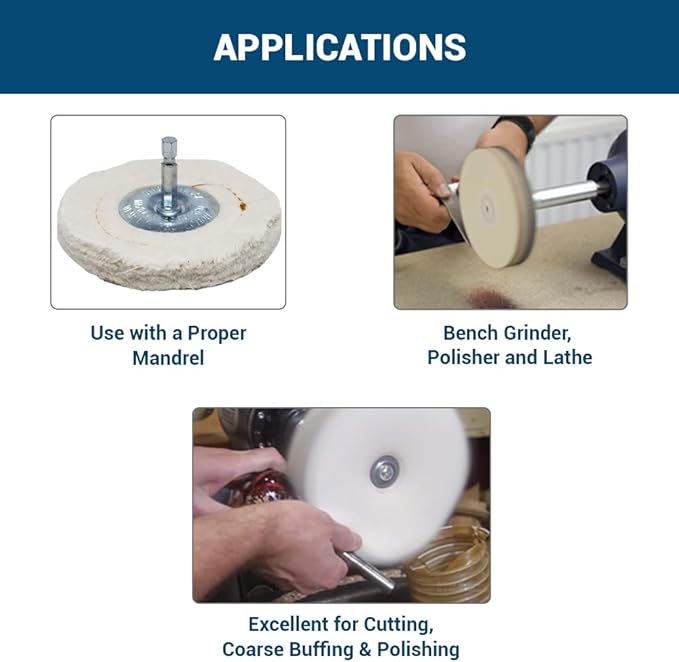 Benchmark Abrasives 4" Cotton Cushion Sewn Buffing Polishing Wheel for Bench Grinder with 1/4" Mandrel, for Polishing Finishing Smoothing on Aluminum, Stainless Steel (Cotton Cushion)