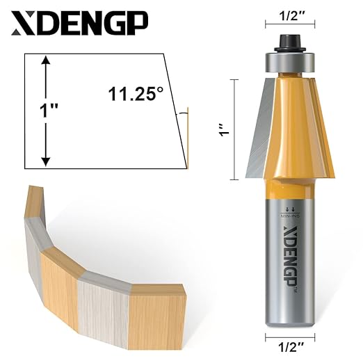 11.25 Degree Chamfer Router Bit with 1 Inch Cutting Length,1/2 Inch Shank Carbide Edge Forming Bevel Router Bit with Bearing, Chamfer Bit Miter Angle Milling Cutters Tool