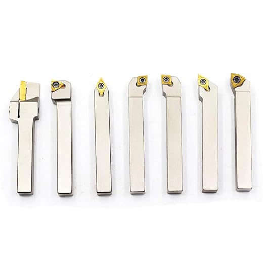 OSCARBIDE 3/8" Shank Heavy-Duty Indexable Lathe Tool Holder 7 pcs Set,CNC Nickel Plated Metal Lathe Cutting Tools for Turning, Grooving, Threading with Tin Coated Carbide Inserts