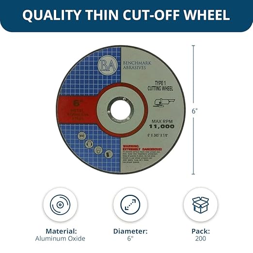 Benchmark Abrasives 6" Pro Metal Self-Sharpening Steel Cutting Cutoff Wheel .045" Thick 7/8" Arbor, Angle Grinder Wheel, Grinder Cutting Wheel - 200 Pack