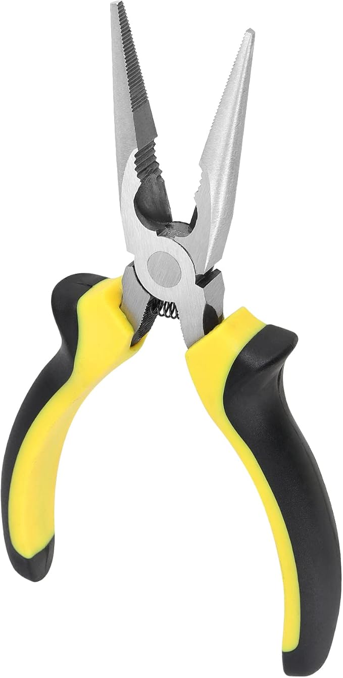 6 Pack 6 Inch Needle Nose Pliers, Spring Loaded Long Nose Pliers with Wire Cutter, Plastic Handle Needle Nose Pliers with Strippers for Cutter and Bending Wire, Black Yellow