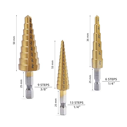 Aleric Step Drill Bit Set - Titanium Coated, High Speed Steel Drill Cone Bits for Aluminum, Wood and Plastic Hole Drilling Cutting, Multi Size Hole Stepped Up Unibit for DIY Lovers,3pcs