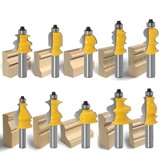 10PCS Architectural Molding Router Bit Set 1/2 Shank Casing Base CNC Line Handrail Woodworking Cutters Face Mill Woodworking Chisel Cutter Milling Tool