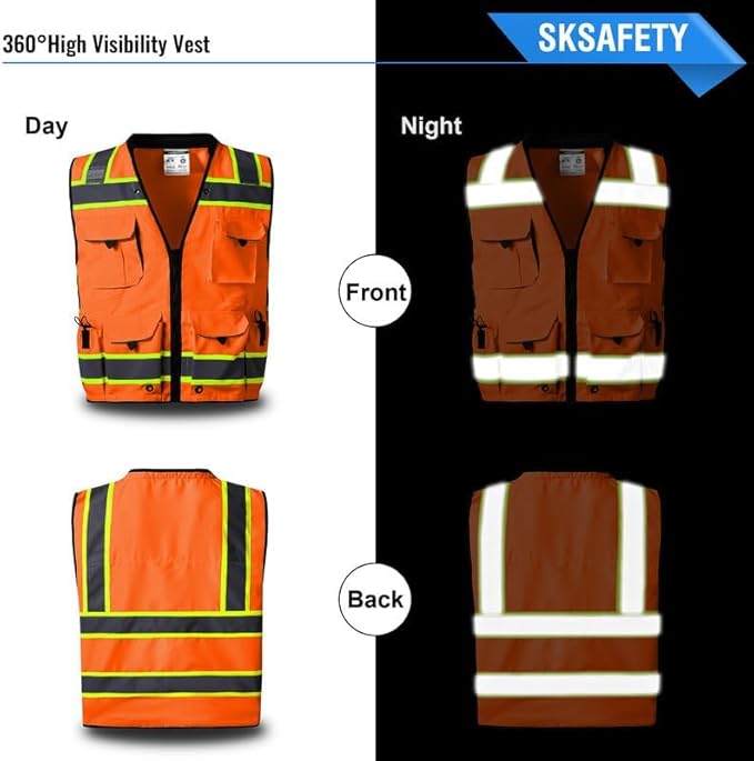 SKSAFETY 12 Pockets Professional level Safety Vest, Class 2 High Visibility Vest, ANSI/ISEA