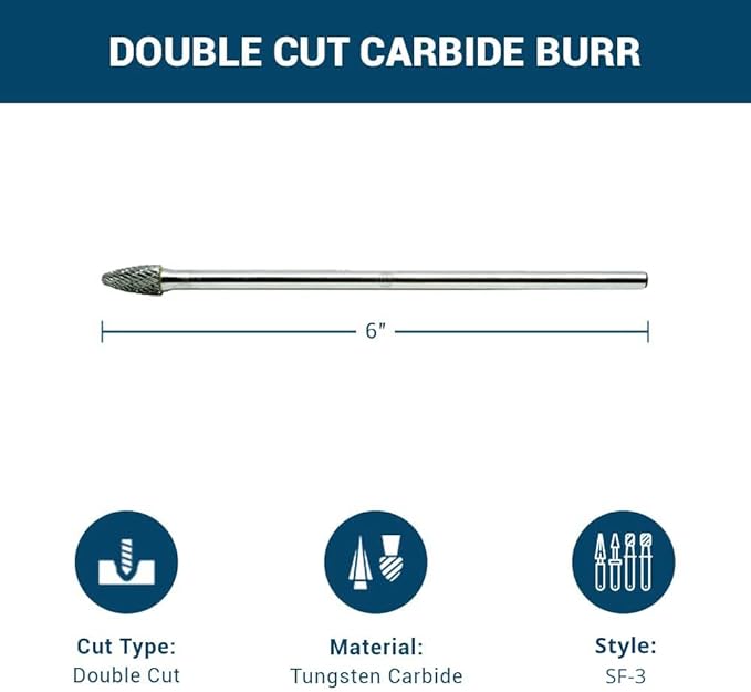 Benchmark Abrasives 6” Tree Shape Radius Double Cut Tungsten Carbide Die Grinder Bits Metal Deburring Tool Rotary Burr, 1/4 Inch Shaft, Engraving Tool for Woodworking Shaping Carving (SF-3)