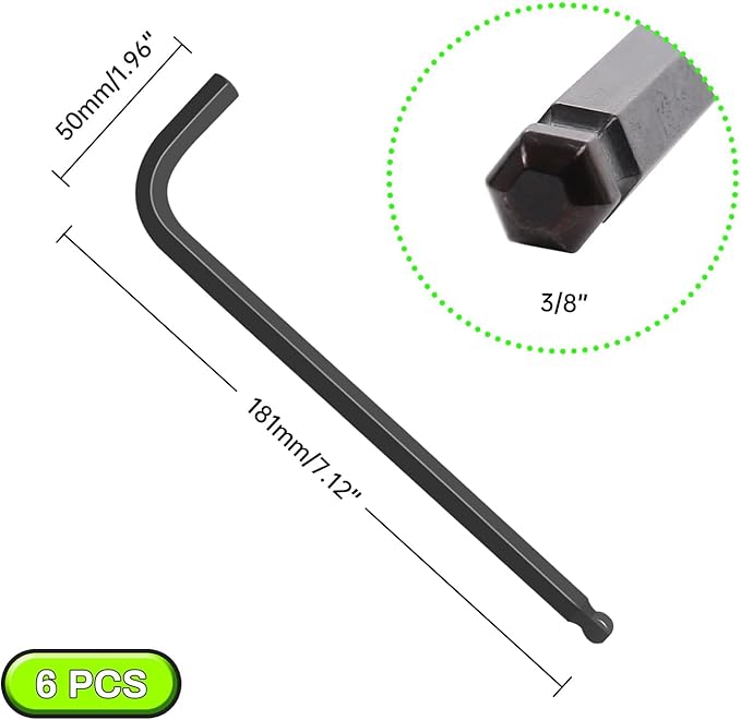 3/8" Ball End Hex Key Set, 6pcs L-Shaped Allen Wrenches Long Arm, CR-V Steel, Black Oxide Finish, High Torque Repairing Tool for Furniture, Bike, Equipment Maintenance