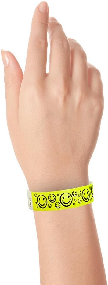 500 WristCo Yellow Smiley Face Tyvek Wristbands for Events - ¾” x 10” - Waterproof Recyclable Comfortable Tear Resistant Paper Bracelets Wrist Bands for Concerts Festivals Admission Party