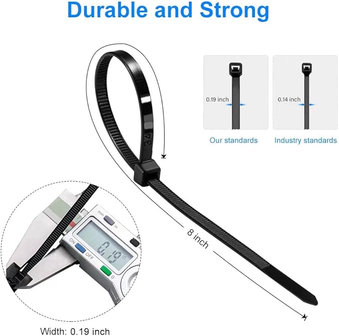 Zip Ties 8 inch Black Zip Ties 1000 Pack, Wire Ties with 50lb Tensile Strength, UV Resistant Cable Ties, Self-locking Plastic Ties for Indoor and Outdoor Use, by Tantti.