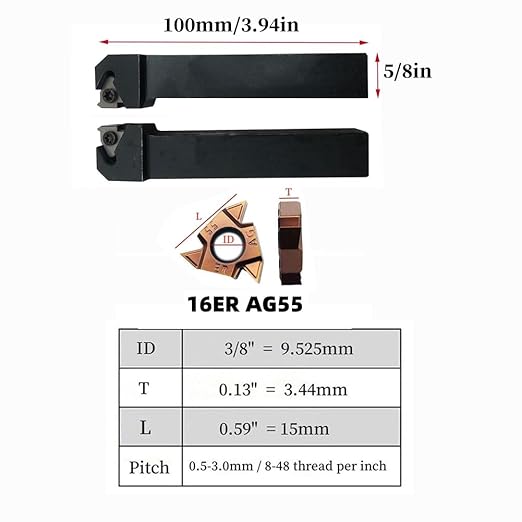 Lather Threading Tool Bit Set External Internal Threading Boring Bars Turning Tool Holders with 11IR AG60 16ER 16IR AG60 Carbide Threading Inserts (2pcs 5/8 Holders + 16ER IR AG55)
