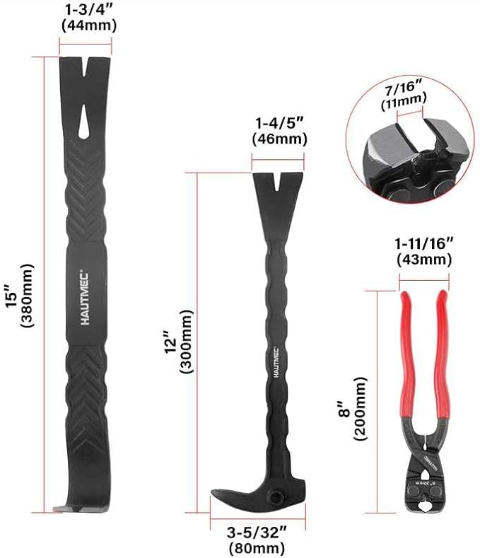 HAUTMEC 3 PCS Pry Bar Set, 15" Flat Pry Bar, 12" Cats Paw Nail Puller Tool and 8" End Cutting Pliers, Heavy Duty Dorp Forged Crowbar Pry Tool for Prying, Lifting and Removing Tasks, HTASM25022