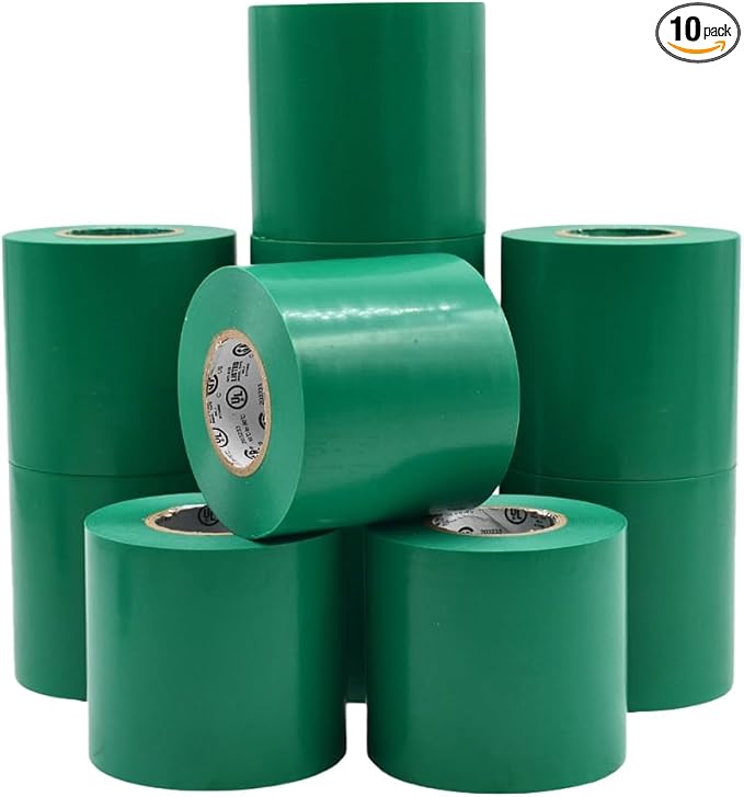 WOD ETC766 Professional Grade General Purpose Green Electrical Tape UL/CSA Listed core. Vinyl Rubber Adhesive Electrical Tape: 3 inch X 66 ft - Use at No More Than 600V & 176F (Pack of 10)