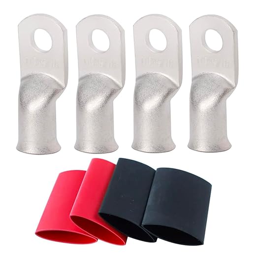 TKDMR 4pcs 1/0 Awg-5/16" Ring Marine Grade Copper Wire Lugs,with 3:1 Heat Shrink Tubing,UL Battery Cable Ends,Heavy Duty Cable Lugs,Tinned Copper Eyelets,Tubular Ring Terminals