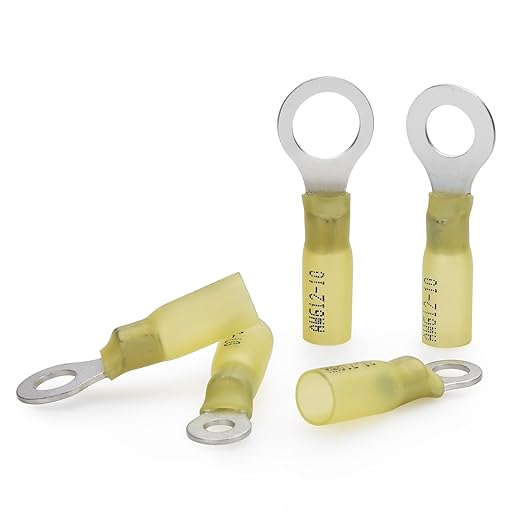 AutCreation 100PCS Heat Shrink Ring Terminals #8 Yellow 12-10 AWG Marine Grade Electrical Wire Connectors, Tinned Red Copper Resistant Ring Connectors, Insulated Waterproof Crimp Terminals