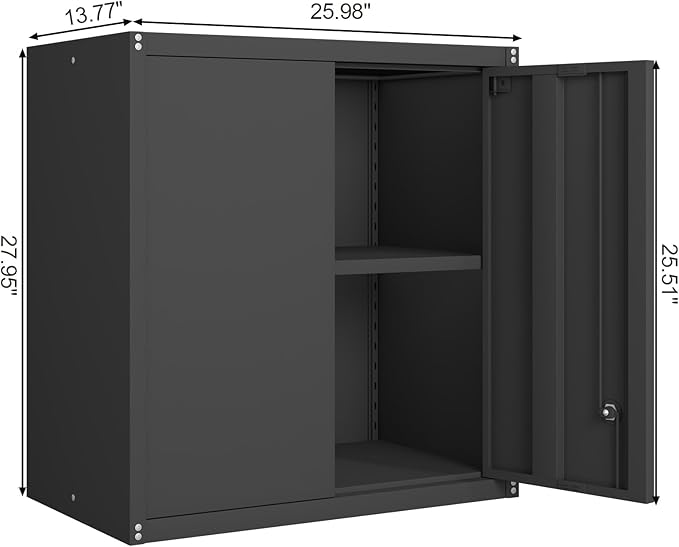GREATMEET Metal Garage Storage Cabinet with Lock, Metal Wall Cabinets for Garage, Wall Mount Cabinet, Upper Cabinets Wall Mounted, Utility Cabinet with Adjustable Shelf, Black