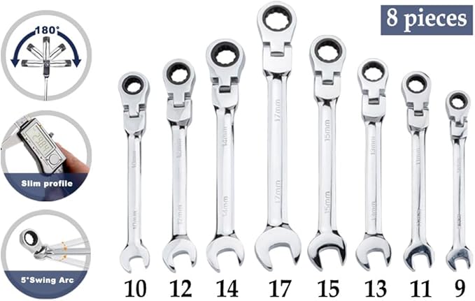 Flexible Ratchet Wrench Set 8pcs 9-17mm Spanner Gear Ring Ratcheting Combination Flexi Wrenches Kit Metric Flex Head