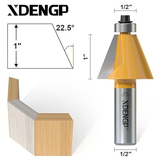 22.5 Degree Chamfer Router Bit with 1 Inch Cutting Length,1/2 Inch Shank Carbide Edge Forming Bevel Router Bit with Bearing, Chamfer Bit Miter Angle Milling Cutters Tool
