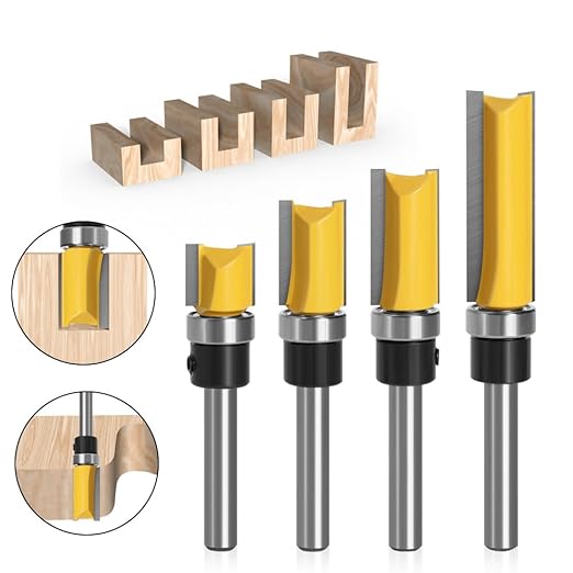 Pattern Flush Trim Bit 4 Pcs Router Bits，Top Bearing Flush Trim Bits Set，1/4 Inch Shank ,Cutting Length 1/2", 3/4", 1", 1-1/2"，Template Guide Woodworking Milling Cutter Tool