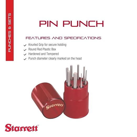 Starrett Drive Pin Punch Set with Knurled Grip and Round Red Plastic Box - 4" Length, 1/16", 3/32", 1/8", 5/32", 3/16", 7/32", 1/4", 5/16" Punch Diameter - Set of 8 - S565WB