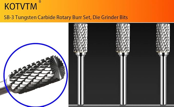 Carbide Burr Set 1/4" Shank SB-3 Die Grinder Bits Tungsten Double Cut Burr Bits (3/8" Cutter Dia X 0.79" Cutter Length) for Die Grinder Kits Metal Grinding Drilling Polishing (3pcs)