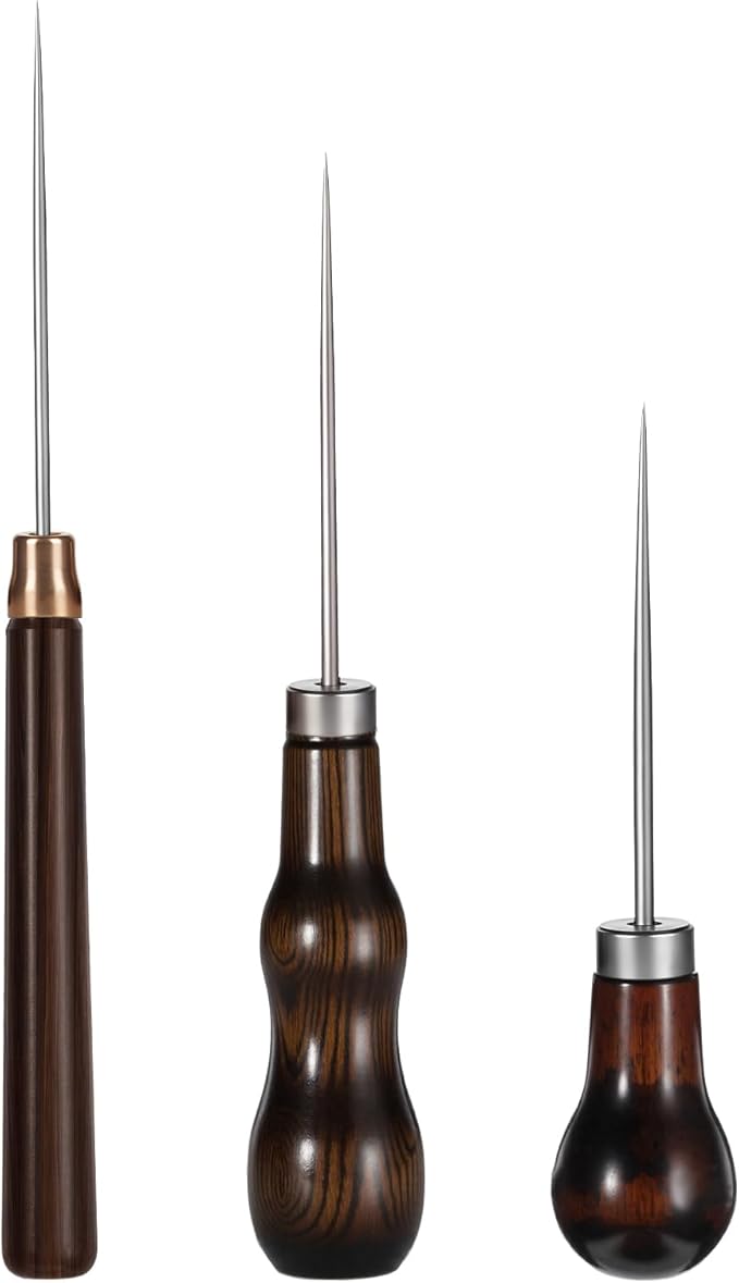 3 Pack Scratch Awl Tool, Wooden Handle Scratch Awl Leather Awl Punch Tool for Leather Punch Hole Craft DIY Handmade Pin Punching Needles