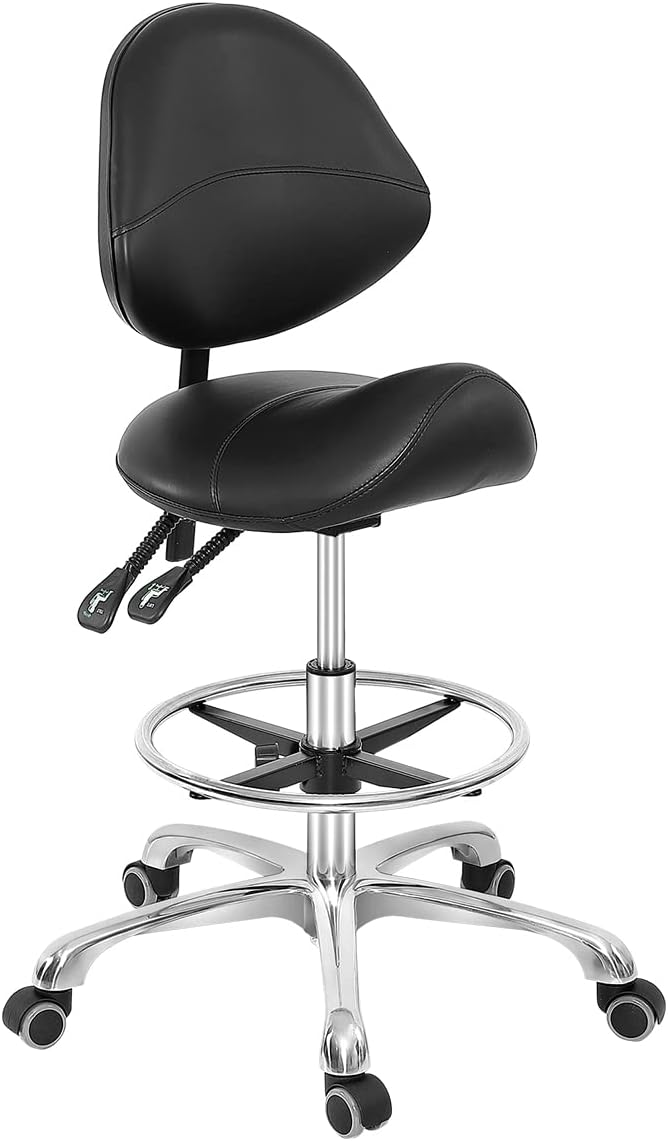 Grace & Grace Professional Saddle Stool Chair with Back Support, Hydraulic Ergonomic Saddle Seat Stool with Wheels for Clinic Dentist Spa Massage Salons Studio (Black, with Foot Rest)