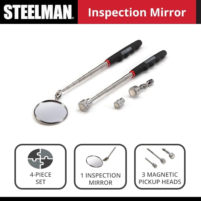 Steelman Telescoping Inspection Mirror and Magnetic Retrieval Tool Kit, Swivel Heads, Extendable Ergonomic Handles, Hold Up to 8 Pounds, 4-Piece Set