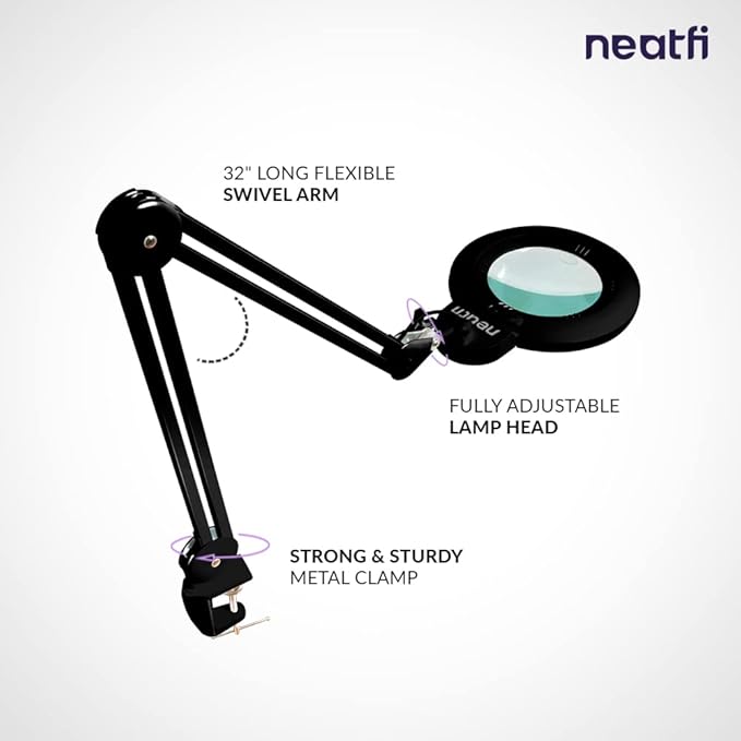 Neatfi XL Bifocals 1,200 Lumens LED Magnifying Lamp with Clamp, 3 Light Modes, Correlated Color Temperature Control (3000K-4500K-6000K), 12W, 120 Pcs SMD LED (Black, 6 Inch Lens)