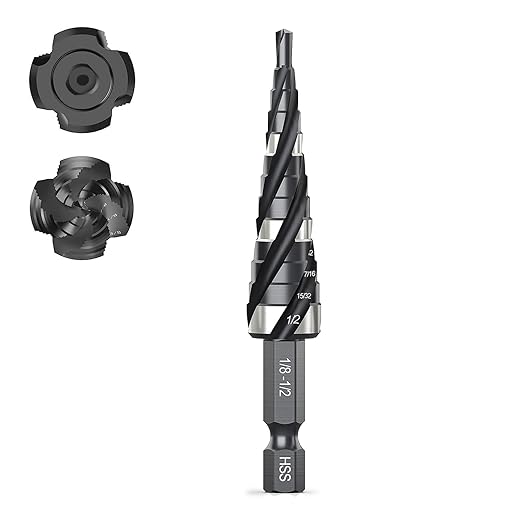 THINKWORK Four Spiral Flute Step Drill Bit, HSS Step Drill Bits 1/8"-1/2"(13 Step) Unibit Step Drill Bit, 1/4" Shank Step Bits for Aluminum, Wood, Plastic, Metal
