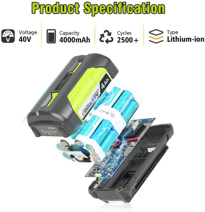 Fast Charging 40V 4.0Ah Lithium-Ion Battery and Charger Kit - Replacement for Ryobi 40V Battery and Charger OP401, Compatible with Ryobi 40Volt Power Tools