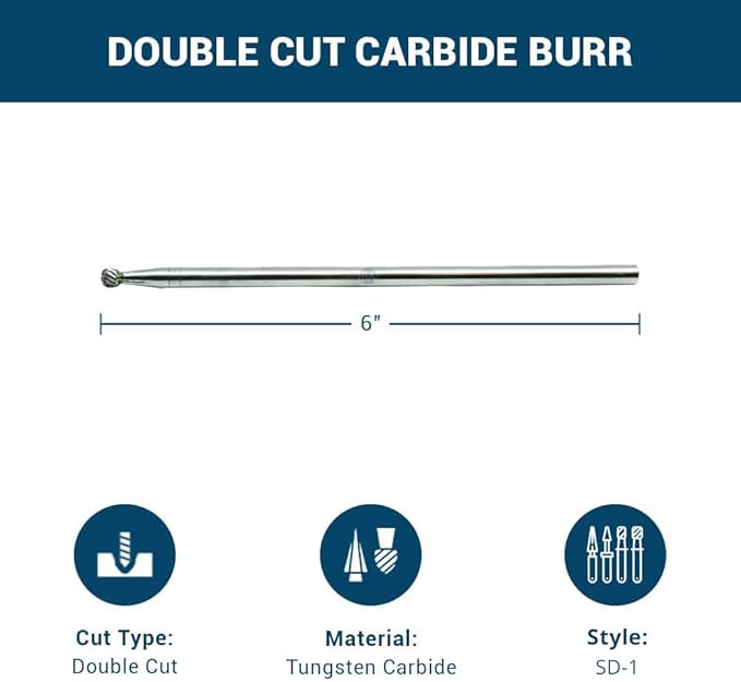 Benchmark Abrasives 6” Ball Shape Double Cut Tungsten Carbide Die Grinder Bits Metal Deburring Tool Rotary Burr, 1/4 Inch Shaft, Engraving Tool for Woodworking Shaping Carving (SD-1)