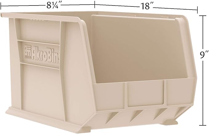 Akro-Mils 30265 AkroBins Plastic Storage Bins, Space-Saving Stackable Bins for Garage, Pantry, Craft Organization, 18-Inch x 8.25-Inch x 9-Inch, Stone, 6-Pack