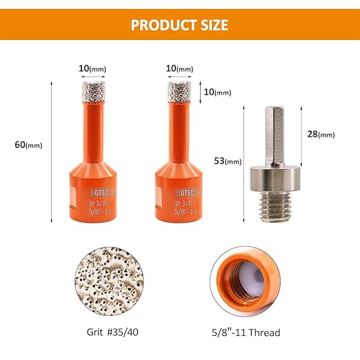 Diamond Core Drill Bit Kit BGTEC Diamond Hole Saw Tile Cutter for Porcelain Tile Ceramic Marble Brick Granite Stone, 5/8"-11 Thread Hole Saw 6/8/10mm+HEX Adapter
