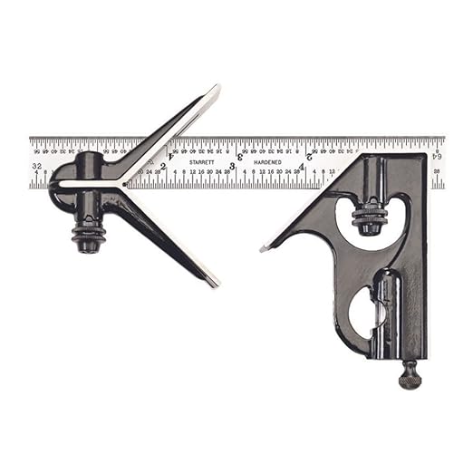 Starrett Steel Combination Square with Square Head and Center Head - 6" Blade Length, Forged and Hardened Steel Heads, Reversible Lock Bolt, Scriber, 4R Graduation Type - C33HC-6-4R