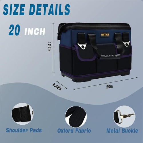 20in Heavy Duty Bottom Tool Bag With Wide Mouth For Tool Storage, Carrier and Organizer, Tote Bag For Men/Women, Wide Mouth Tools Bag With Inside Pockets (20 Inch)