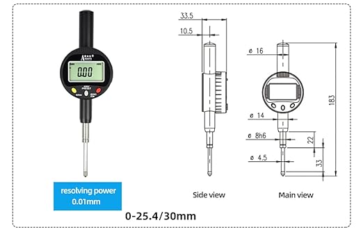 Digital dial Gauge with a Measurement Range of 0-1.2in/30mm and an Accuracy Range of 0.0004 "in/0.01" mm