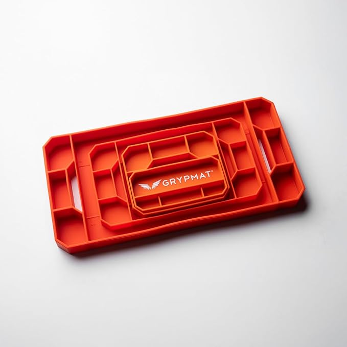 Grypmat Plus Grip Mat for Mechanics - Non-Slip Flexible Silicone Tool Tray - Tool Organizer for Tool Box - Magnetic-Free, Easy-to-Clean Tool Mat - QUAD S, M, L & XL, Orange