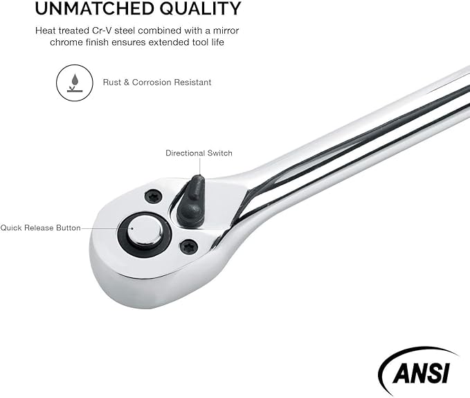 Neiko 03034A 3/8” Drive Extra Long Ratchet | 18” Length | 72 Tooth Gear | Cr-Mo Head | CR-V Steel