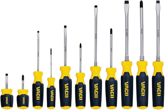 VACO VAC7122 12-Piece Screwdriver Set with Magnetizer, Phillips and Slotted Drivers, Laser-Etched Precision Blades and Comfort Handles