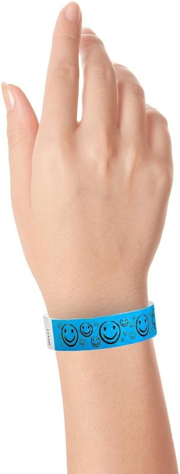 200 WristCo Neon Blue Smiley Face Tyvek Wristbands for Events - ¾” x 10” - Waterproof Recyclable Comfortable Tear Resistant Paper Bracelets Wrist Bands for Concerts Festivals Admission Party