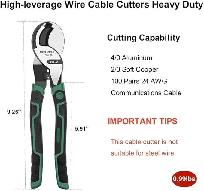 Wire Cutter Heavy Duty 10 Inch High Leverage Wire Cable Cutter Pliers Tool for Aluminum, Copper, Wire, Communications Cable