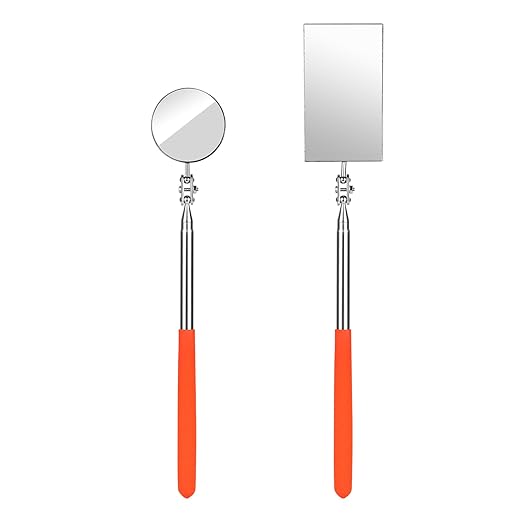 2Pcs Telescoping Inspection Mirror, Flexible Retractable Automotive Extension Mirror Pickup Tools Round Square Mirror Inspection Tool for Checking Vehicle Mechanic Mirror Automotive Mirror(Orange)