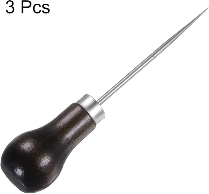HARFINGTON 3pcs Handwork Sewing Awl Single Gourd Awl Leather Punch Hole Tool with Wooden Handle Scratch for Broken Wire Make Mark Drilling Stitching Repair and DIY Handmade, Dark Brown