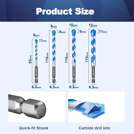 Carbide Drill Bit Set - Dry Drill Bit Set for Masonry, Concrete, Bricks, Wood, Plastic etc(6 * 4/8 * 2/10 * 2/12 * 2MM Quick-fit Shank)